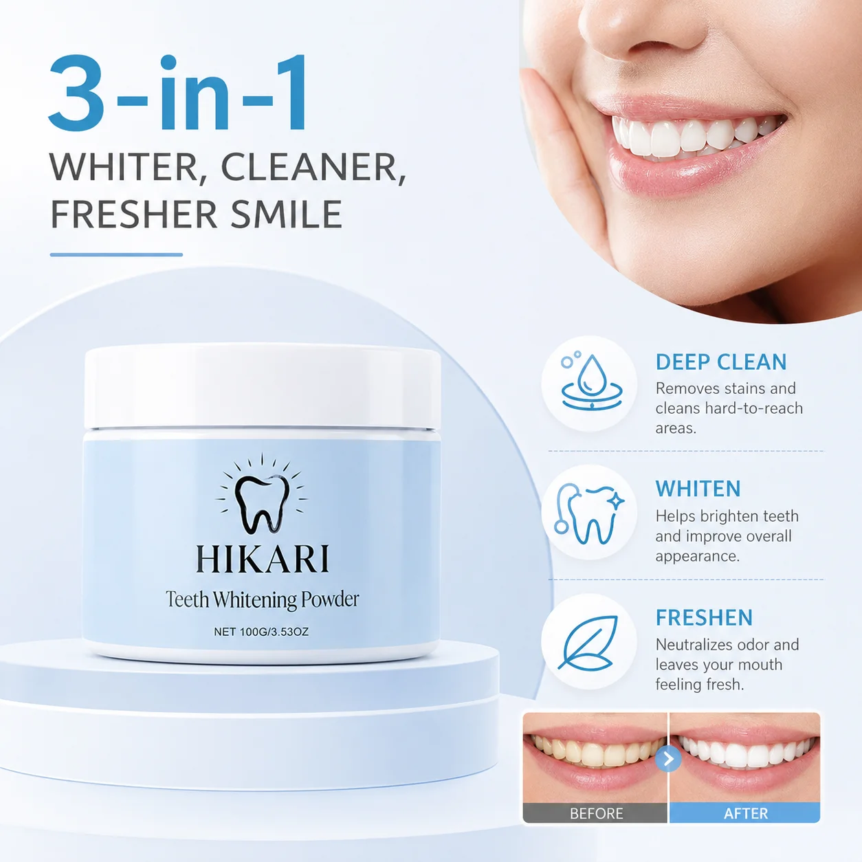 Polvere sbiancante per denti HIKARI Cool Mint, pulizia profonda, rimozione delle macchie superficiali, polvere organica per smalto, rimozione della pl