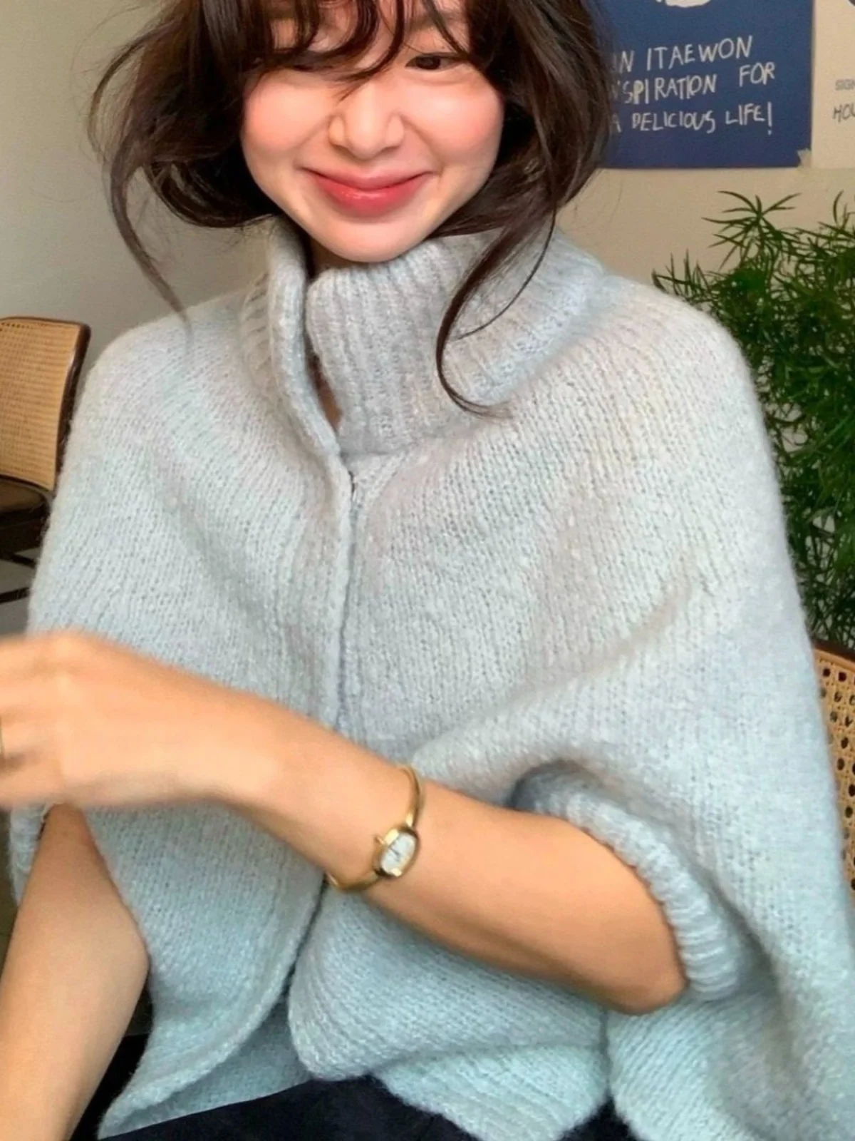 Blue Stand Collar Cowl Neck Wrap Casual Chic Sweater Coat Women\'s Fashion Spring Autumn Warmth Flattering Length Batwing Sleeve
