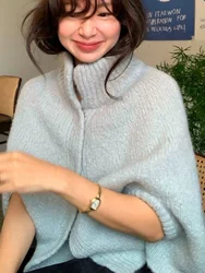 Blue Stand Collar Cowl Neck Wrap Casual Chic Sweater Coat Women's Fashion Spring Autumn Warmth Flattering Length Batwing Sleeve