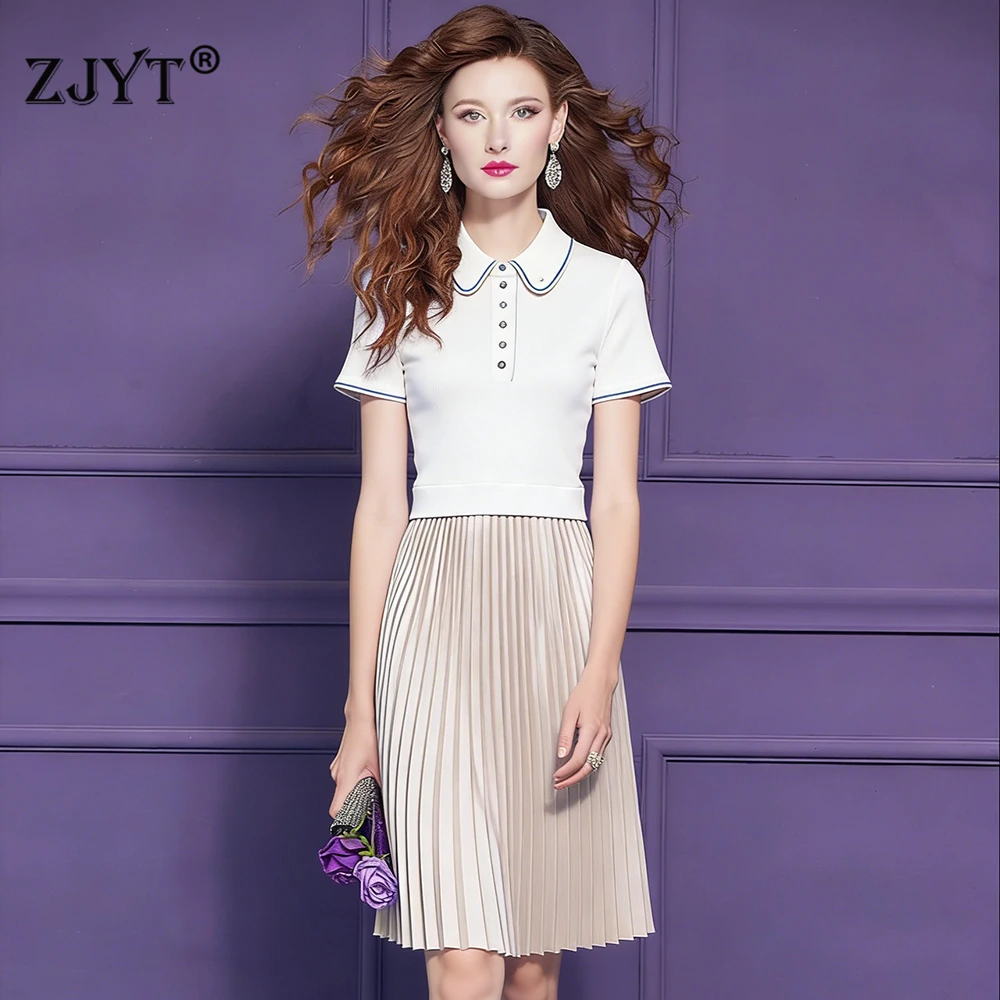 

Новое летнее модное женское вязаное платье ZJYT: элегантное, с коротким рукавом, бежевое, повседневное, плиссированное, трикотажное, женское платье-свитер