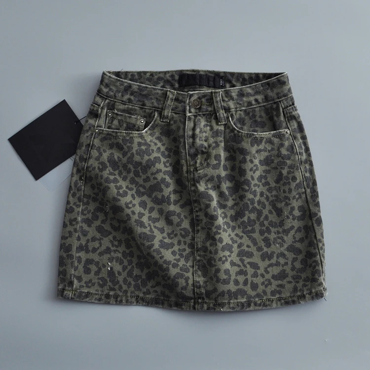 High waisted mini skirts for women korean fashion leopard skirts womens 2024 Summer denim skirt green vintage jean skirt ripped