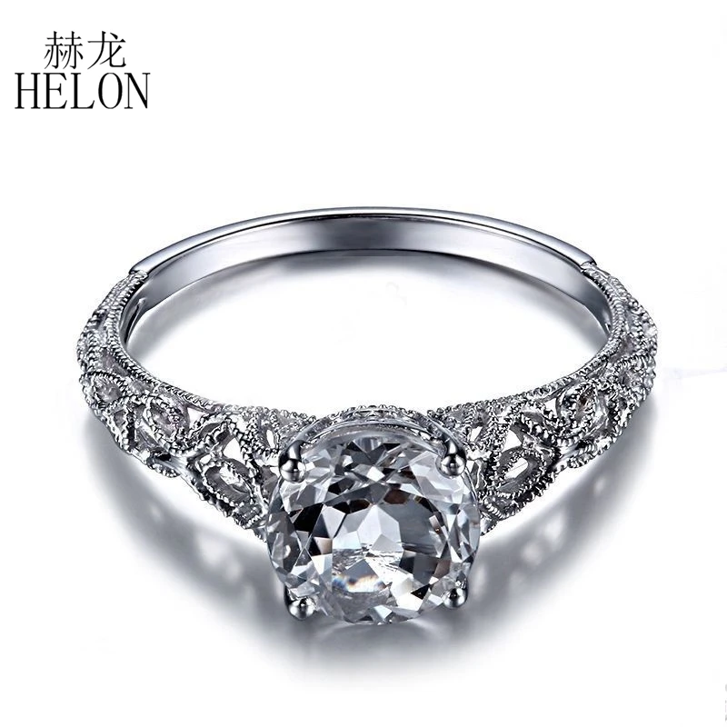 

HELON Round 8mm 100% Genuine White Topaz Solid 14k White Gold Ring For Women Gemstone Vintage Antique Trendy Jewelry AU585