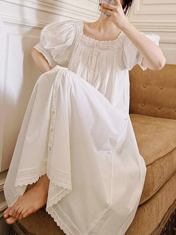 Cotton Sleepwear Court Style Pajamas Women's Summer Short Sleeve White Elegant Nightdress Homewear