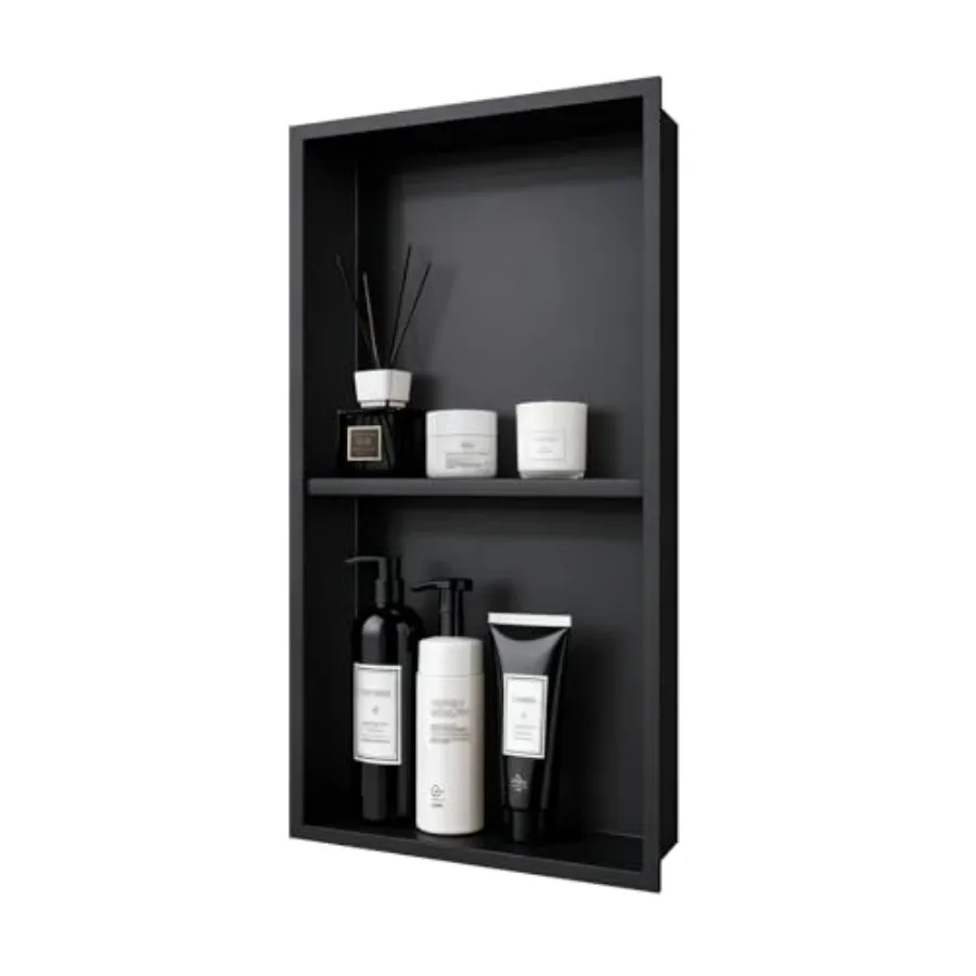 

Shower Niche 12x24 No Tile Needed Recessed Wall Niche Insert 304 Stainless Steel Double Shelf Matte Black Sloped Base Waterproo