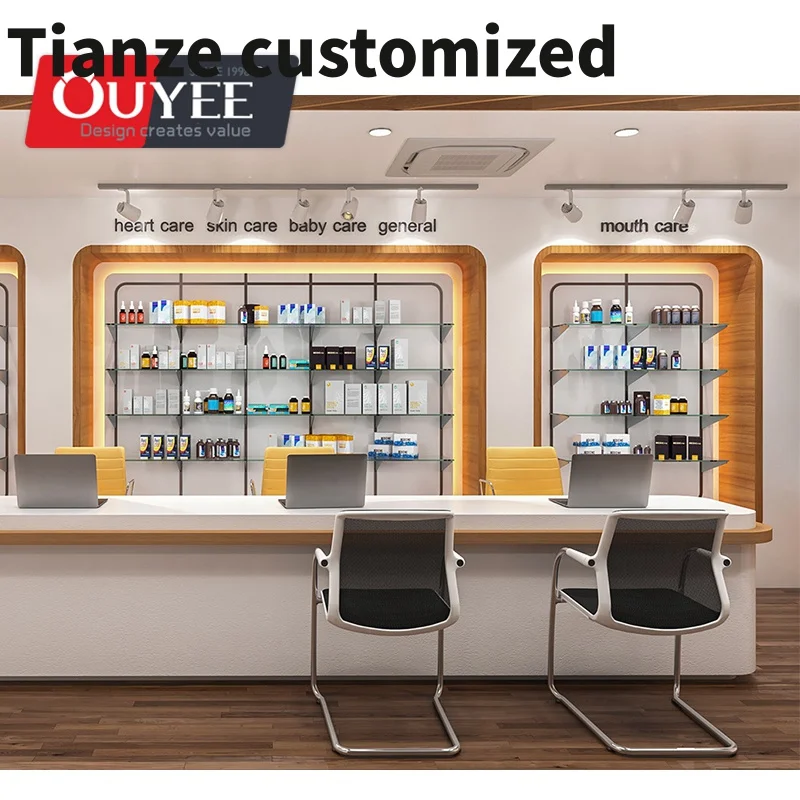 Customized-Modern Pharmacy Medical Shop Interior Layout Decoration Design Customized Cash Counter Furniture Drug Display Shelves