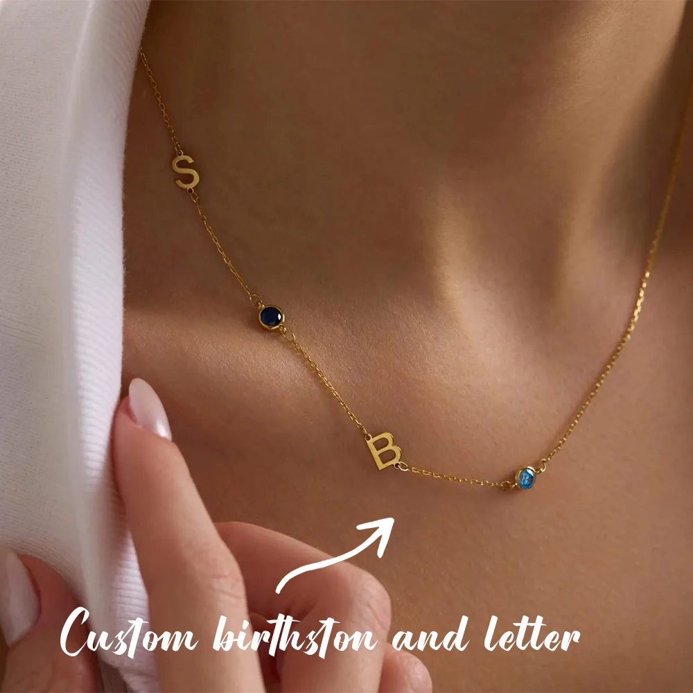 Personalisierte Halskette mit Initialen und Geburtsstein aus Edelstahl, zierlicher Alphabet-Geburtsstein-Schmuck, Geschenk für Frauen, Mütter