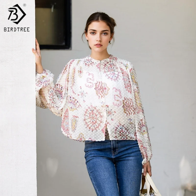 

Birdtree,34% Silk 66% Cotton Print Blouse,Women O-neck Puff Sleeve Tops,Single Breasted Casual Shirt,2025 New T5D921JF