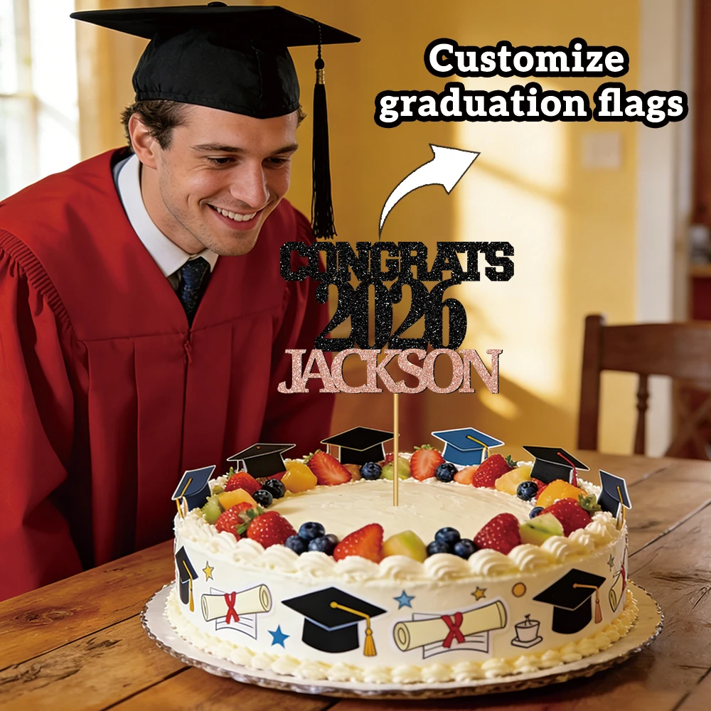 1pcs Custom Graduation Glitter Cake Topper,   Personalized Graduation Pattern with Name & Year, Party Cake Decorations