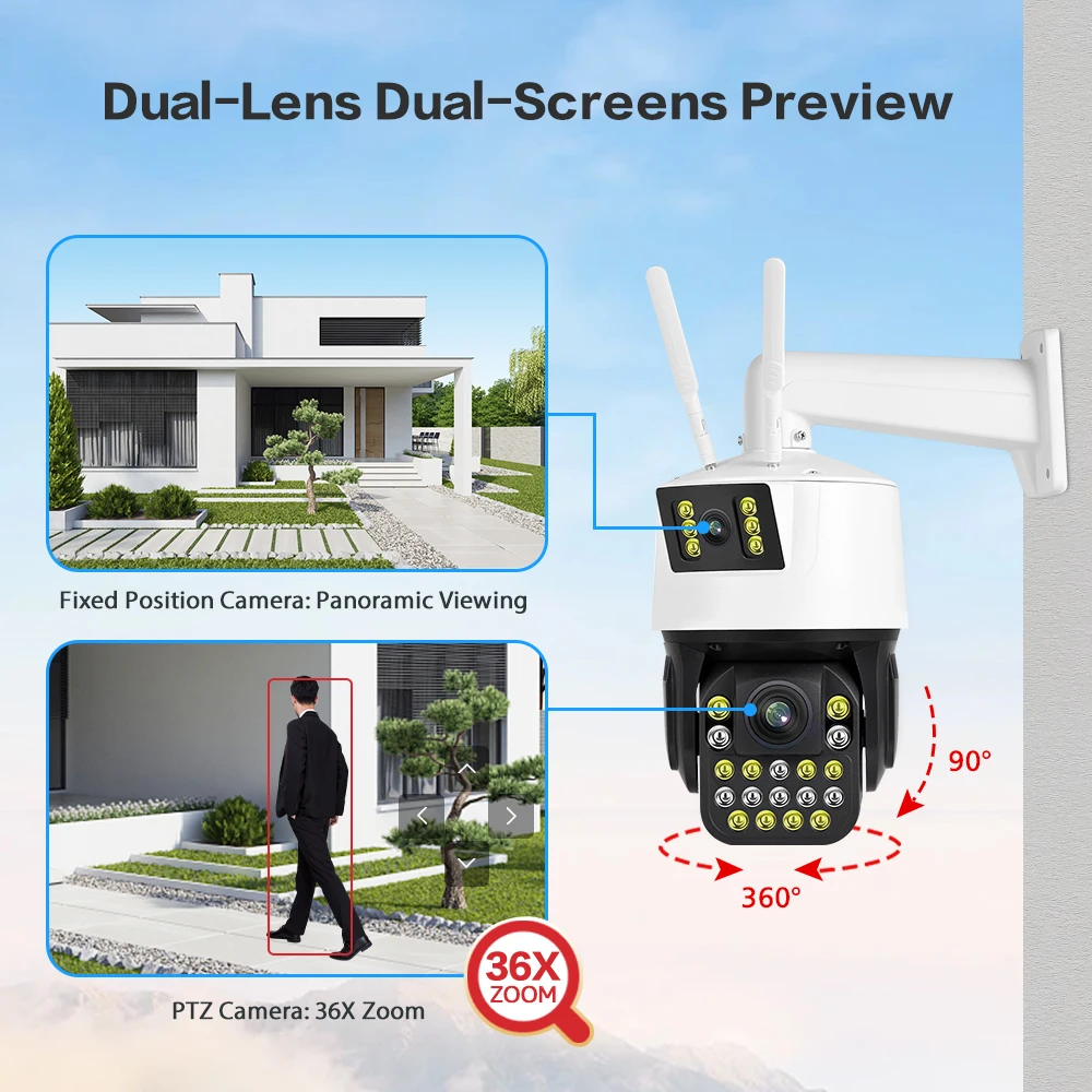 Seetong APP WIFI POE PTZ Camera 36X Zoom HD 6MP Dual Lens Dual Screens AI Auto Tracking Audio Outdoor Surveillance Camera