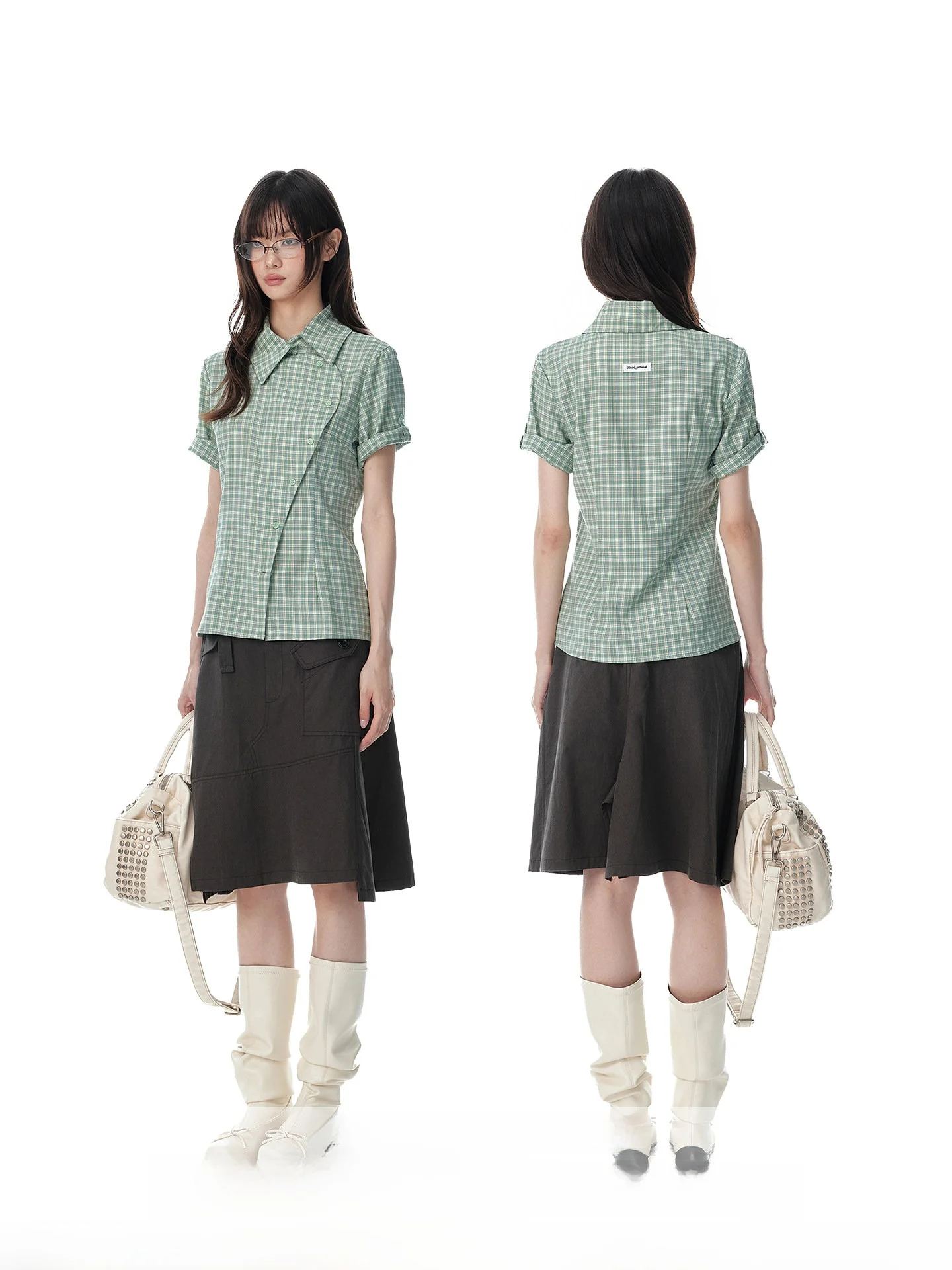

JIKOO Korean Style Short Sleeve Shirt Women's Summer Slim Fit Turn-down Collar Side Button Casual Breathable Slimming Top