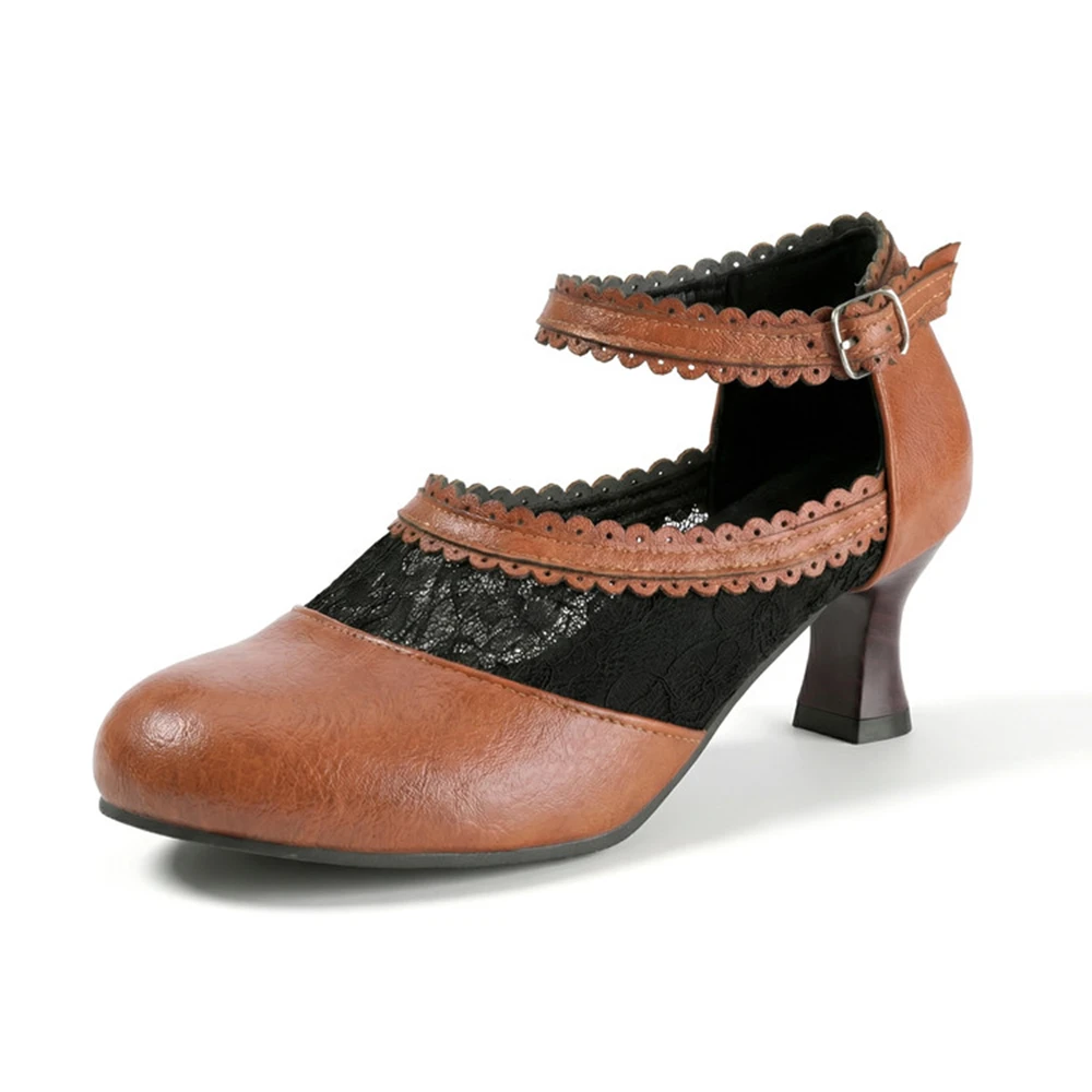 2026 Spring New Shallow Lace Patchwork with Buckle Retro Women's Shoes Fashion Round Toe Kittle Heel Big Size 49 50 38-17