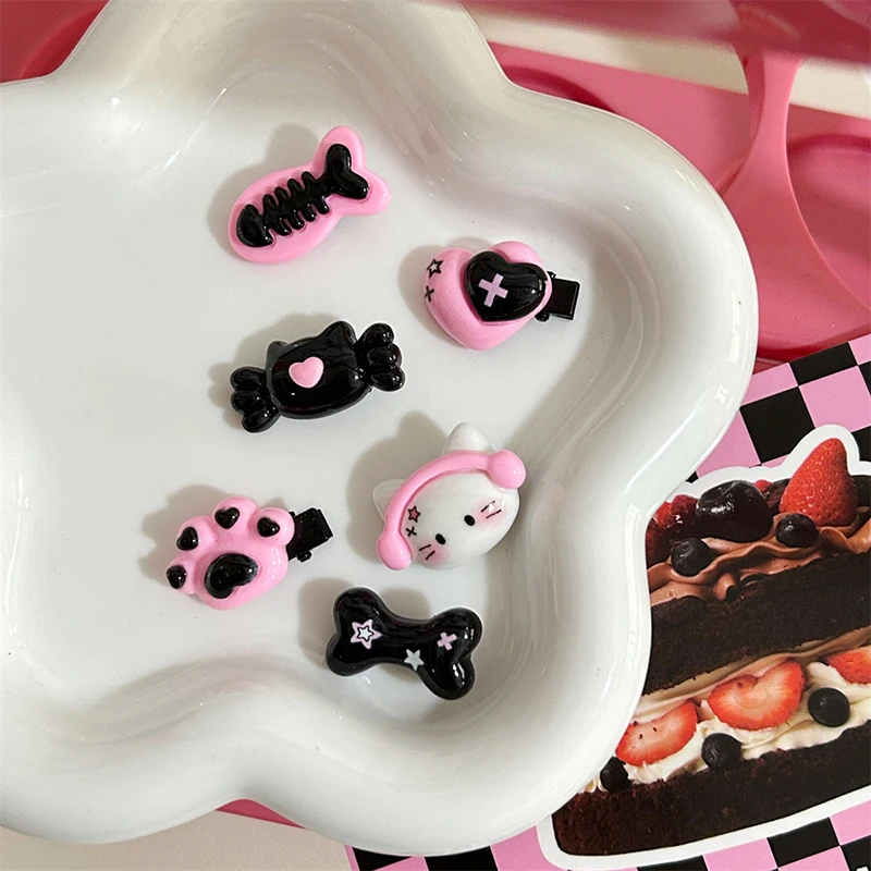 Y2k Girls Cute Aesthetic Hairpin Gothic Punk Cat Head Bone Plastic Hair Clip Barrettes