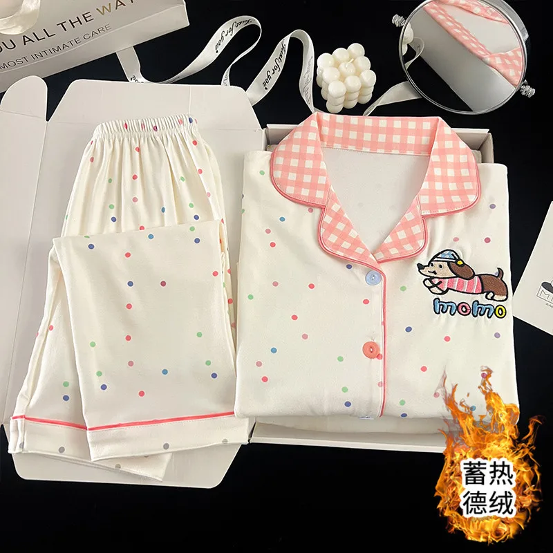 

Anime Child Winter Girl Pajamas Set Hello Kitty Lapel Thicken Velvet Fleece Sanrio Long Sleeves Long Pants Winter Warm Homewear