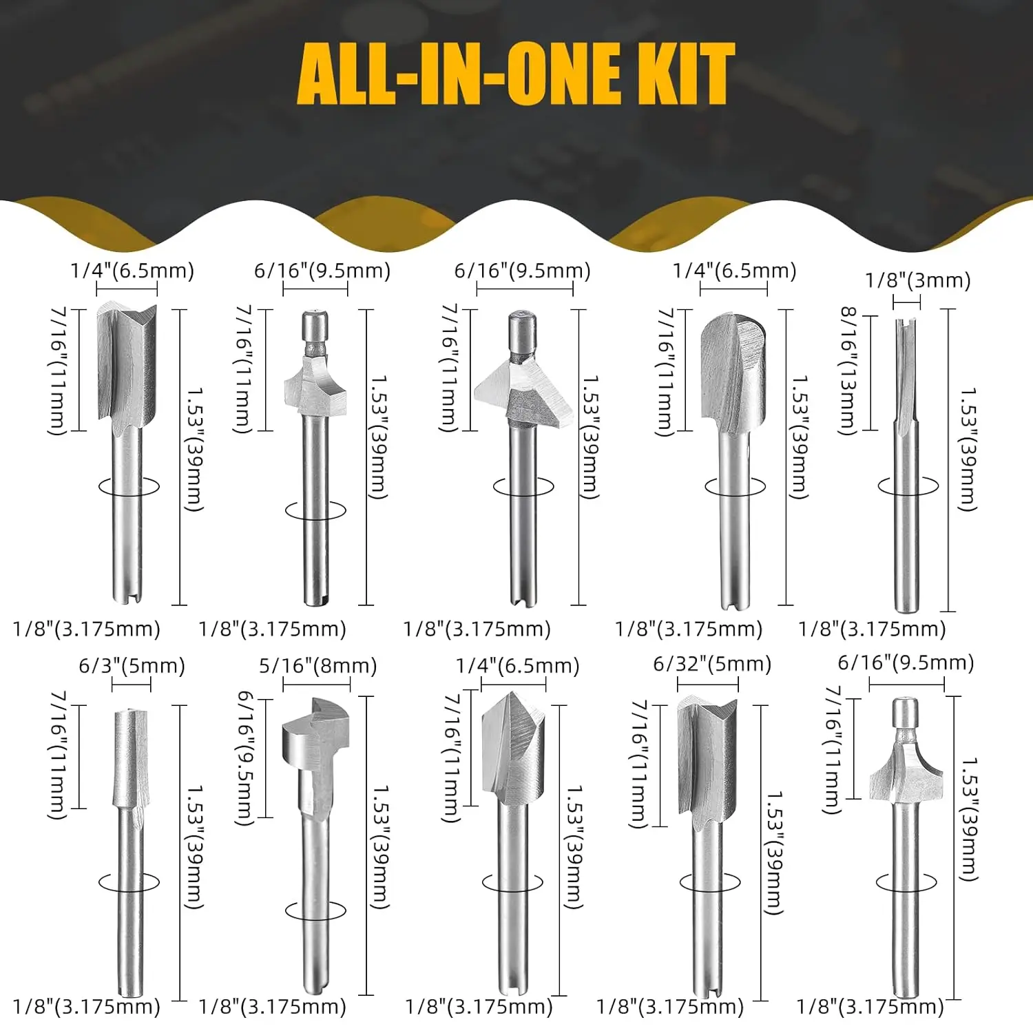 ดอกกัดเหล็กความเร็วสูง 10 ชิ้น ขนาดก้าน 1/8 นิ้ว สำหรับเครื่องมือเดรเมล แกะสลักไม้ โลหะ งานเจียรไฟฟ้า