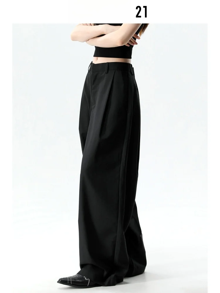 Pantalones de Traje de Pierna Ancha Negros Plisados Estilo Americano Forever 21 para Mujer, Novedad de Verano, Pantalones Rectos con Drapeado y Empalmes hasta el Suelo