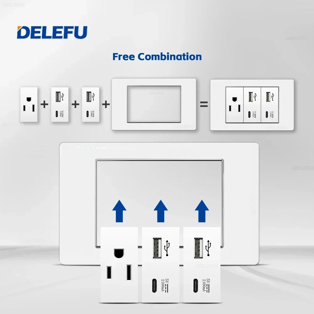 DELEFU Mexiko Standard Flammhemmender weißer PC-Silber-Seitenteil Typ C Amerikanische Steckdose 118 * 72 mm Steckdosenschalter