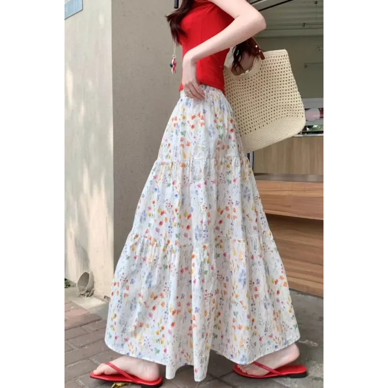 

Women's White Multi-Color Floral Print High Waist Tiered Ruffle Maxi Skirt Summer Casual Daily Long Skirt