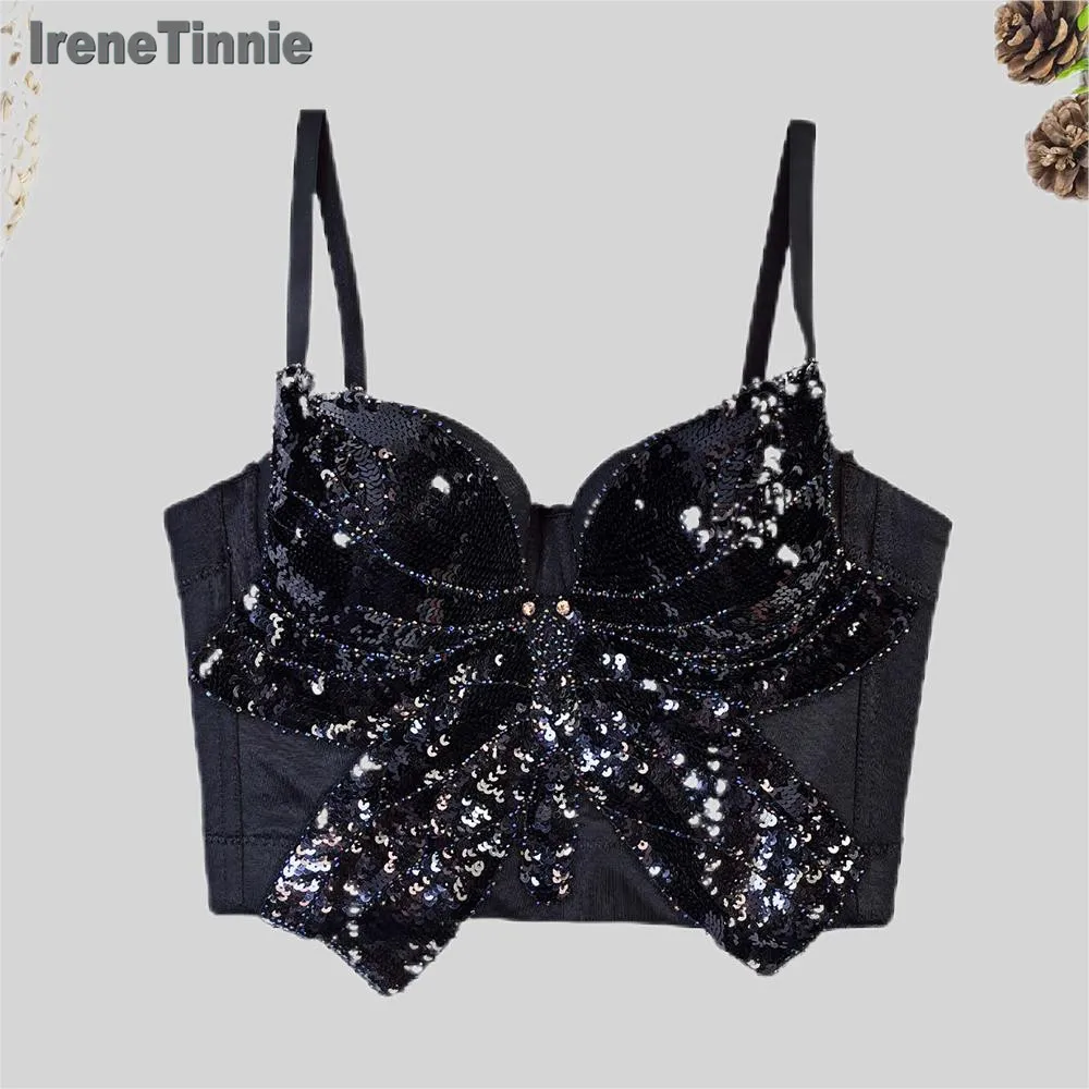 IRENE TINNIE 2024 Fashion Short Crop Top Beading 3D Bow Bustiers Sexy Corset Fashion Black Tank Top Women Binder Corset Bra