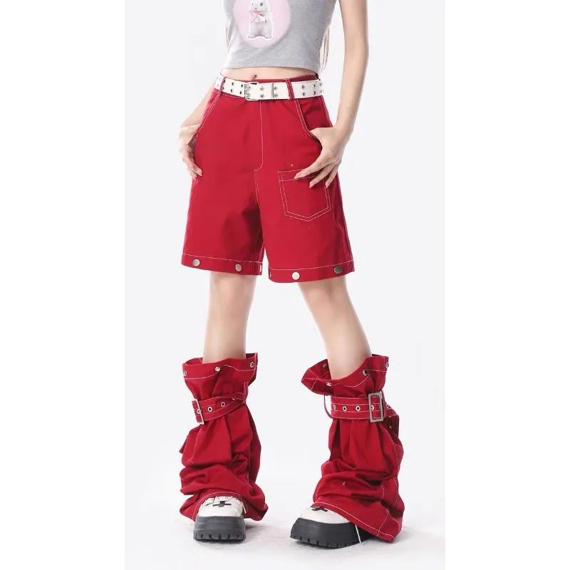 

Y2k Women's Clothing Red Cargo Jeans American Retro Designer Detachable Loose Casual Wide-leg Trousers Shorts Streetwear