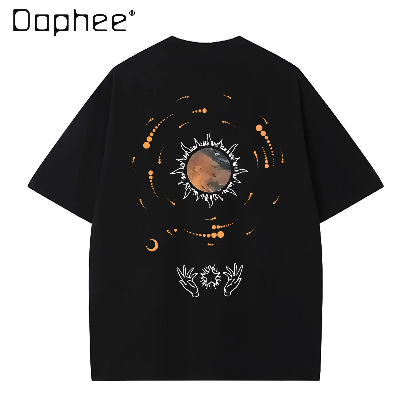 2026 Summer American Retro Streetwear Men Cosmic Planet Moon Hand Print Short Sleeve T-Shirt Loose Oversized Black Casual Top