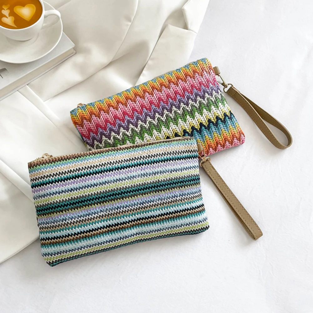 Woven Clutch Bag Colourful Money Beach Long Bag Handmade Vintage Casual Portable Elegant Simple Exquisite for Weekend Vacation