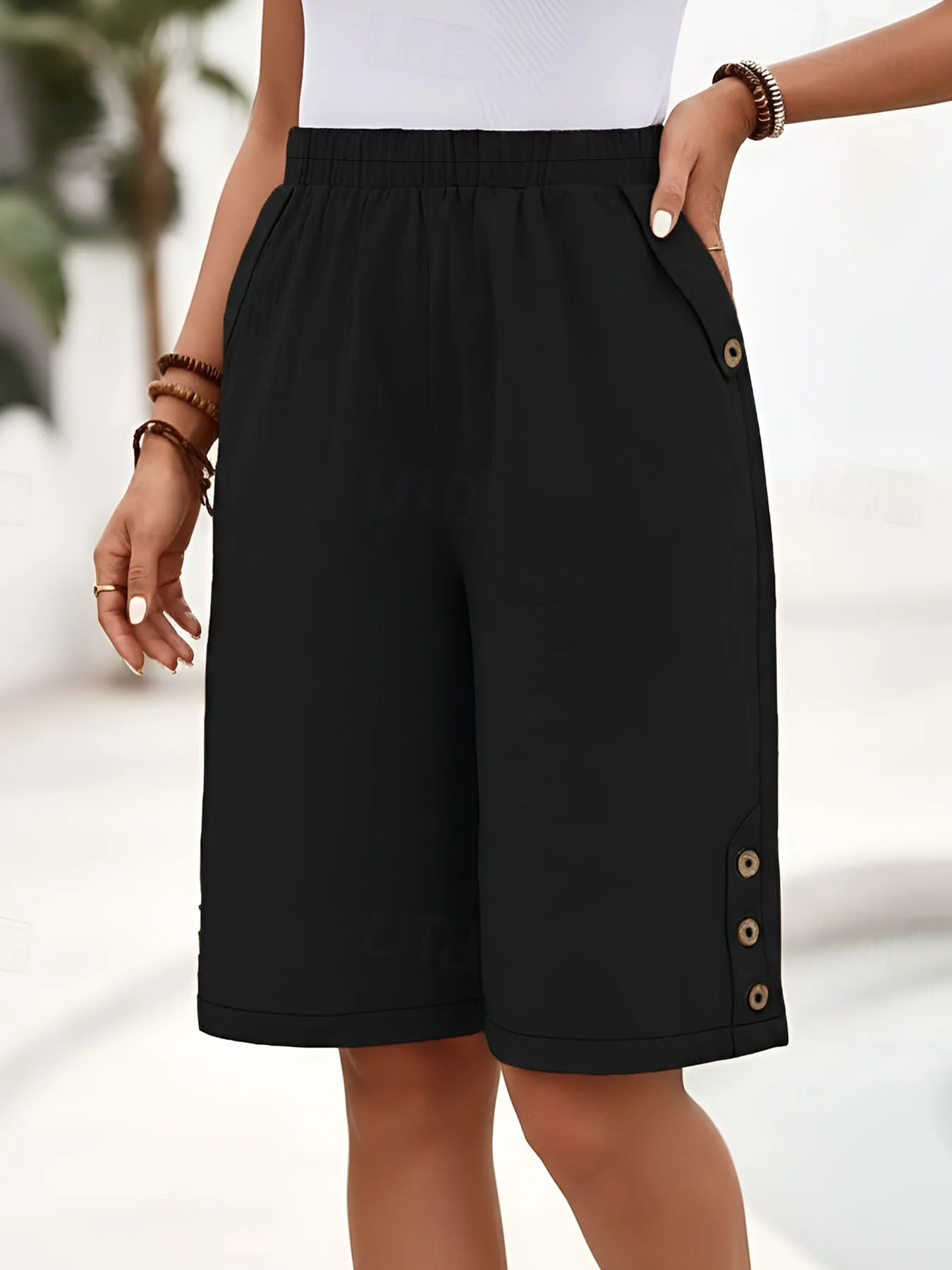 Women's 100% Cotton Classic Solid-Color Loose Shorts–Comfortable,Cool,and Breathable with Side Pockets and an Elastic Waistband