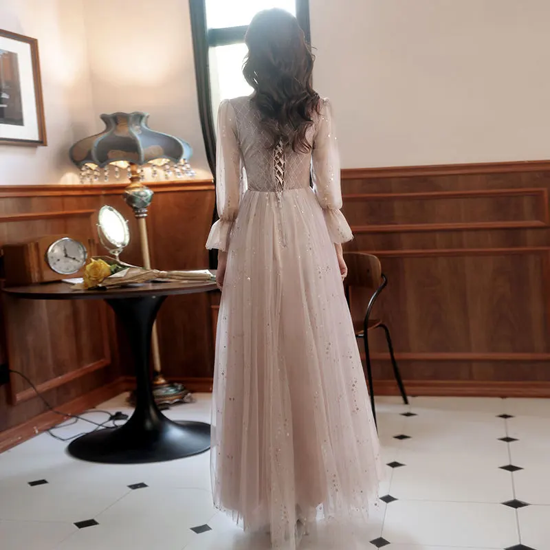 2022 New 4 Styles Bridesmaid Dress Bow Retro Elegant Long-sleeved Chic Temperament Long Evening Dress For Wedding Women Guest