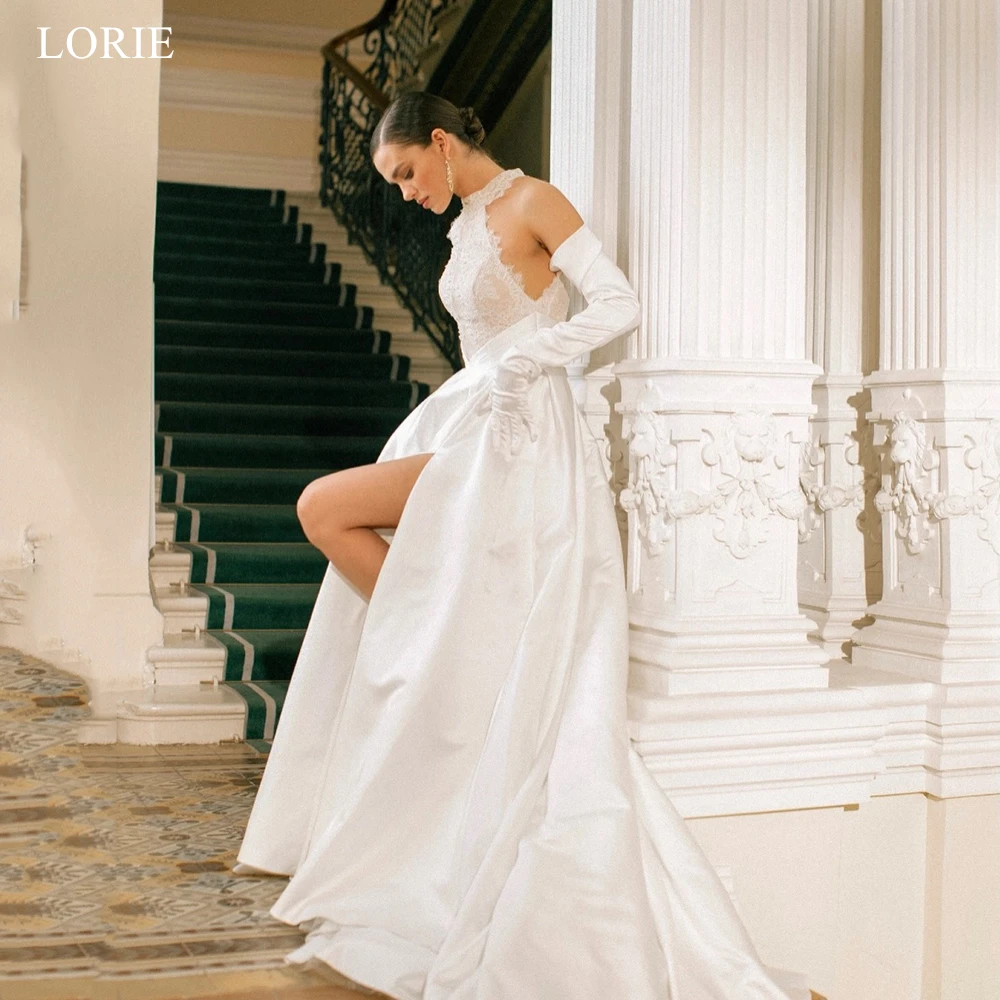 

LORIE Vintage Satin Wedding Dresses Lace Halter Backless Bride Prom Gown Draped A-Line Side Slit Fairy Bridal Gowns Customized