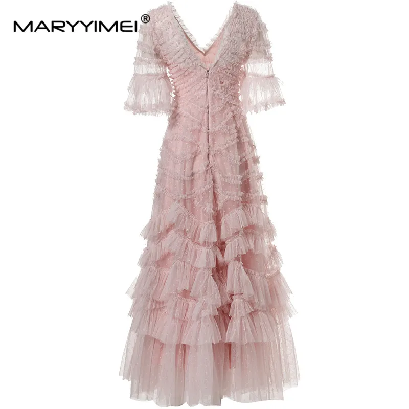 MARYYIMEI-Vestido feminino com decote em v, emenda de malha, babados em camadas, borda cogumelo, elegante vestido de baile, primavera, verão