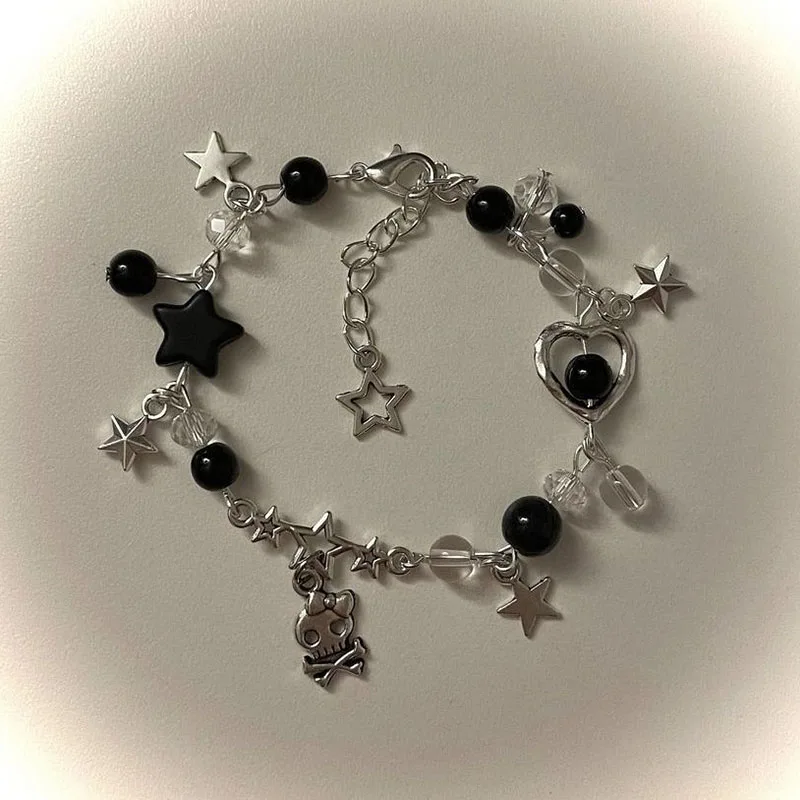 Handmade Black Beaded Star Pendant Gothic Dark Y2K Style Bracelet