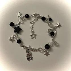 Handmade Black Beaded Star Pendant Gothic Dark Y2K Style Bracelet