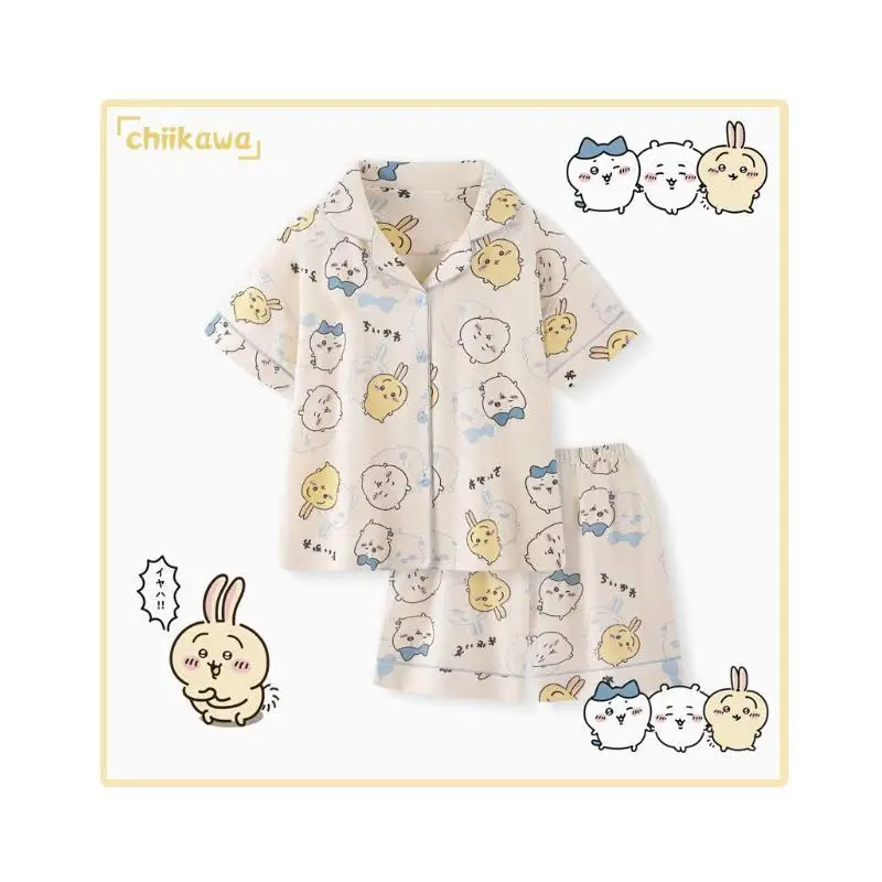 Anime Chiikawa T-Shirt and Shorts Pajamas Set Girls Cotton Homewear Hachiware Home Clothes Usagi Pants and Top Pijamas Set Gift
