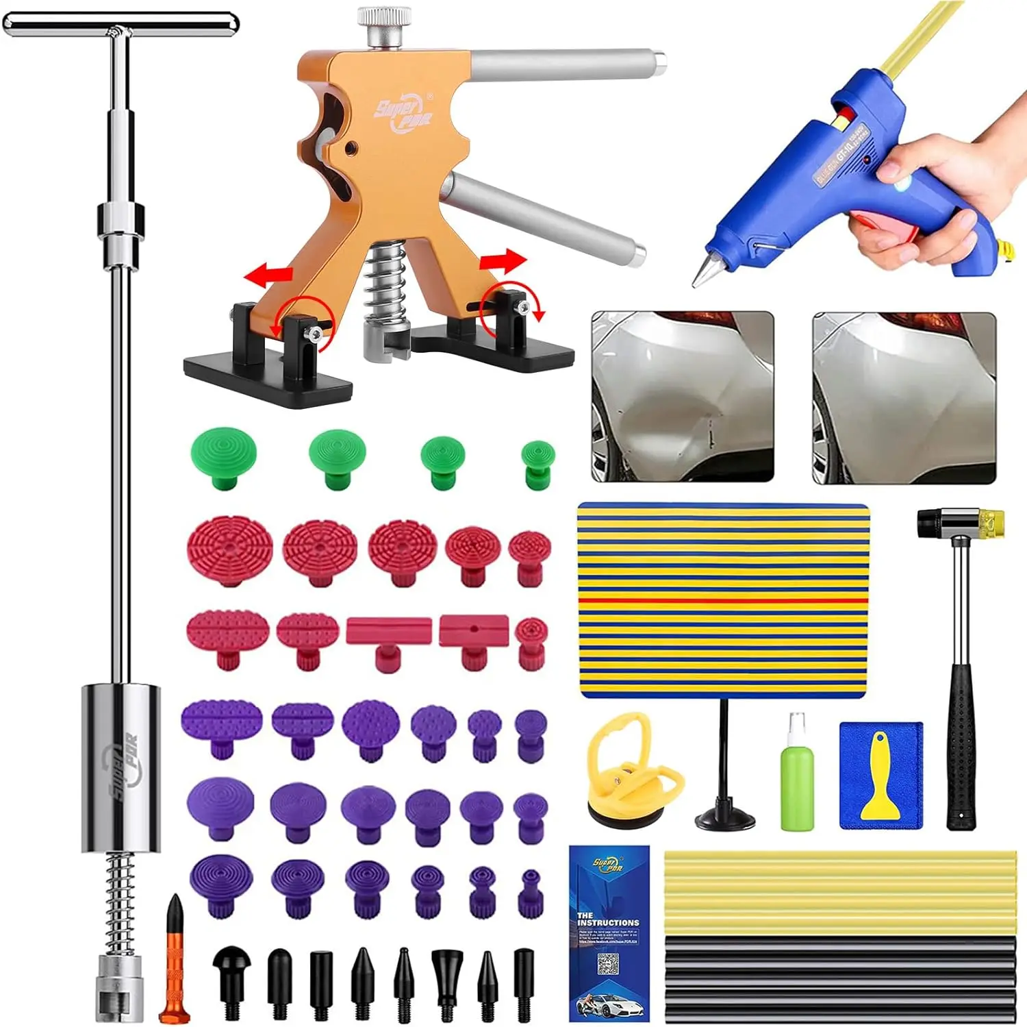 Car Dent Repair Kit, Dent Puller Kit with Slide Hammer,100W Glue Gun, Dent Lifter and More, PDR Tools for Dents, Hail Damage etc