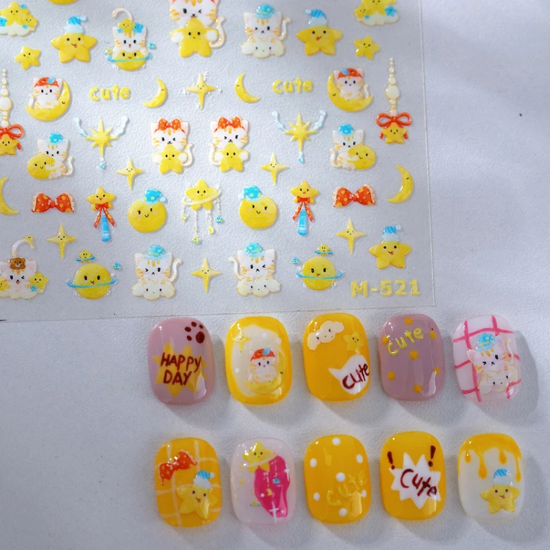 Lovely Cat Bowknot Stars Moon Cartoon 3D Jelly Self Adhesive Nail Art Stickers Cute Kitten Flowers Manicure Decals Wholesale