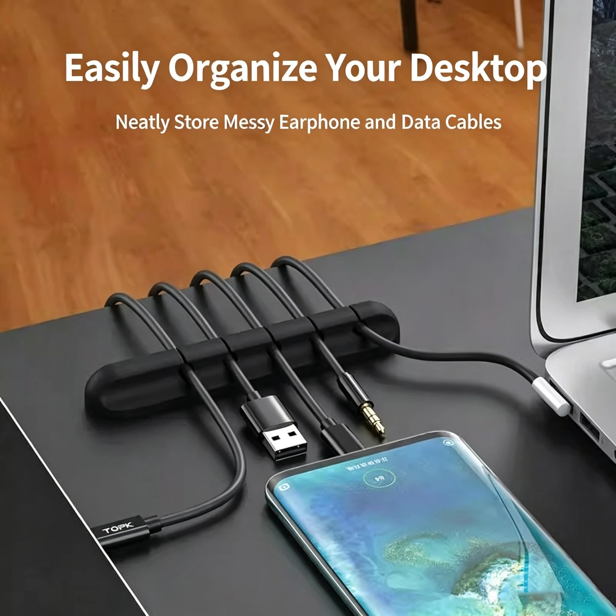 Silicone USB cable organizer, desktop charging cable management clip, wire holder accessory for mouse and earphone cables