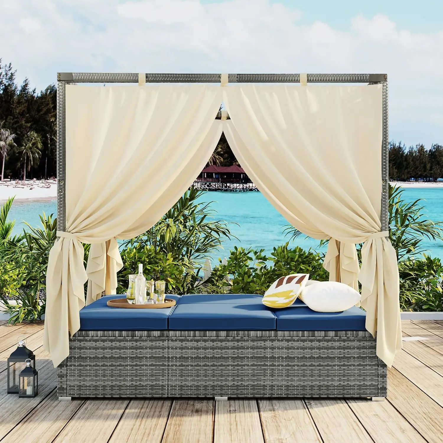 Outdoor Canopy Bed, Patio PE Rattan Outdoor Chaise Lounge Daybed with Adjustable Seats, Outdoor Sunbed