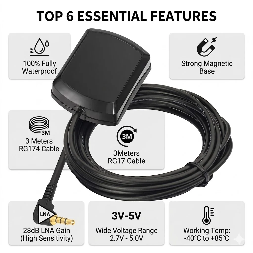 Superbat GPS Digital Radio Receiver Antenna 3.5mm Male Connector for AUKEY Papago Vechicle Car Dash Camera