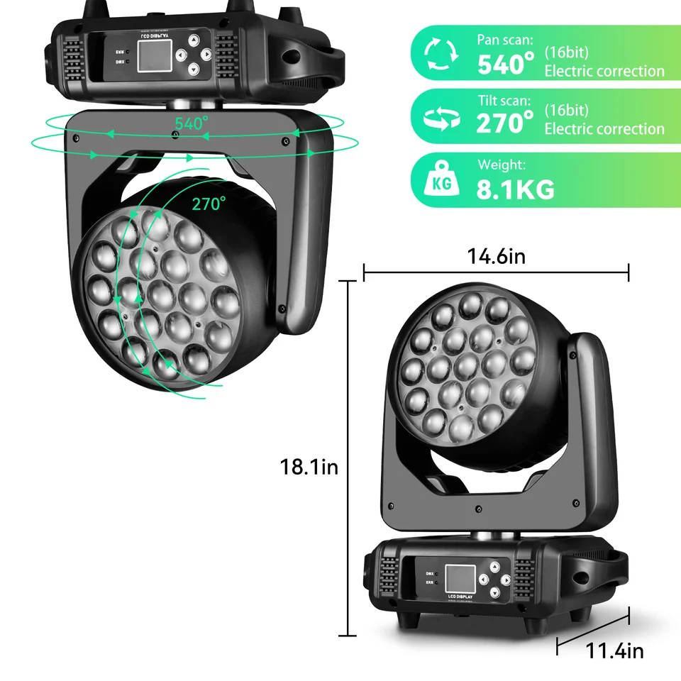 19x15W LED Zoom Beam Wash Circle Control Moving Head light RGBW