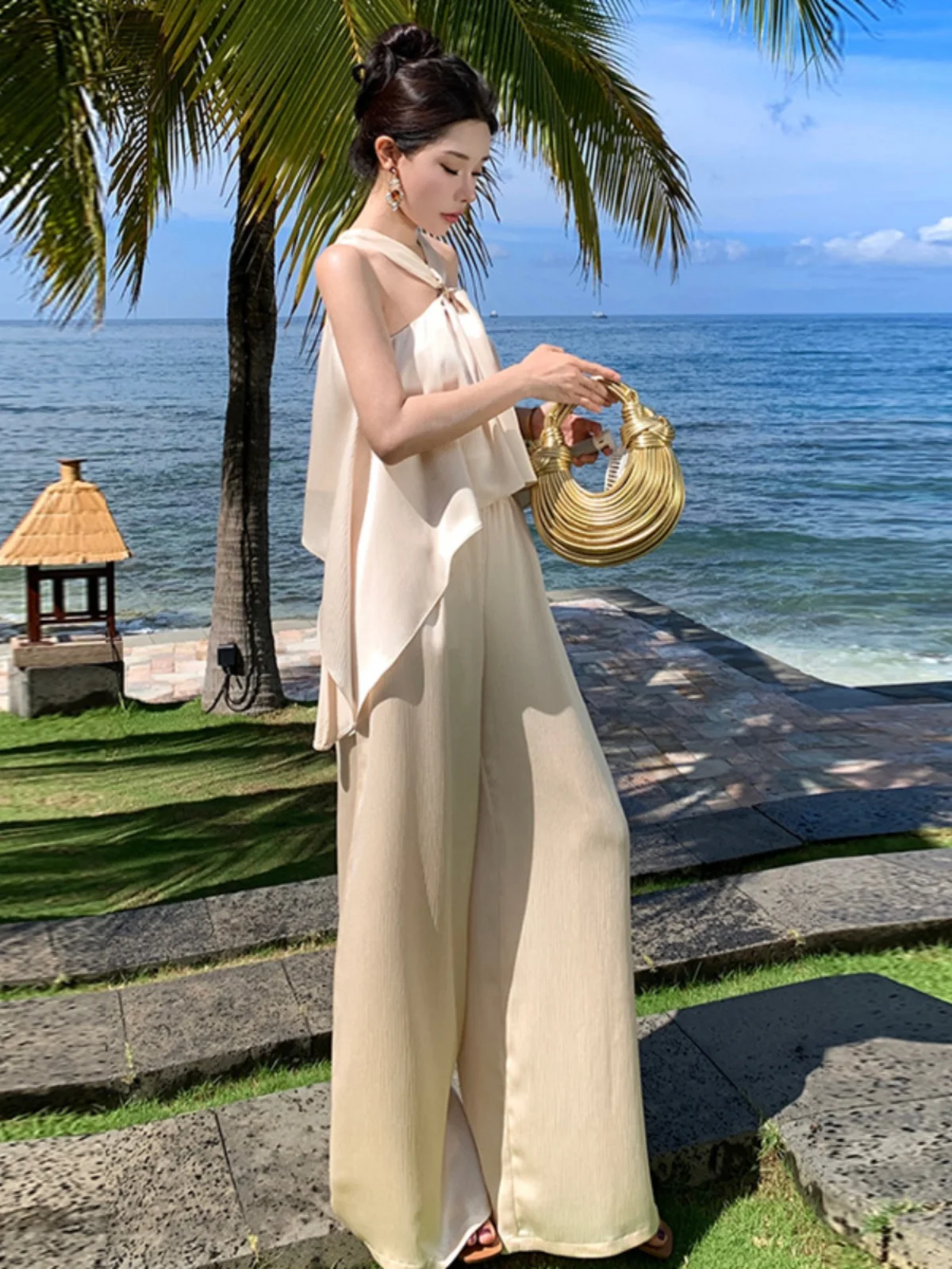 

Beach Outing Loose Feelings Outfit Set V-Neck Wide Leg Pants Two-Piece Suit Comfortable Cotton Short Sleeve Women's Fashion
