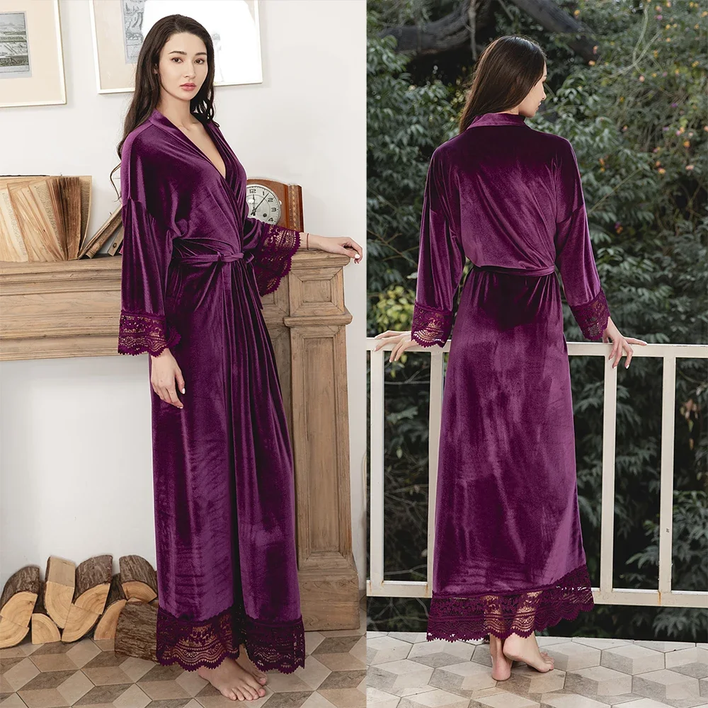 Long Velvet Robes with Lace Robe Women Bride Bridesmaid Kimono Bathrobe Party Soft Lady Wedding Homewear Warm Velvet Robe Gown