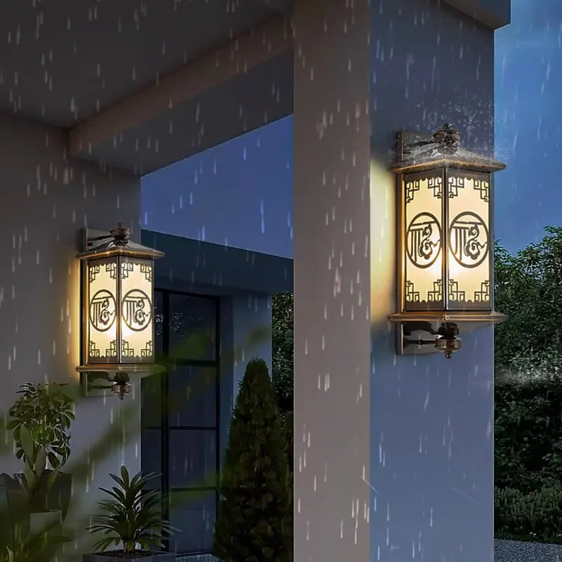 New Chinese Style All Copper Wall Lamp Outdoor Waterproof Courtyard Glass Lights Villa Entrance Corridor Exterior Wall Light