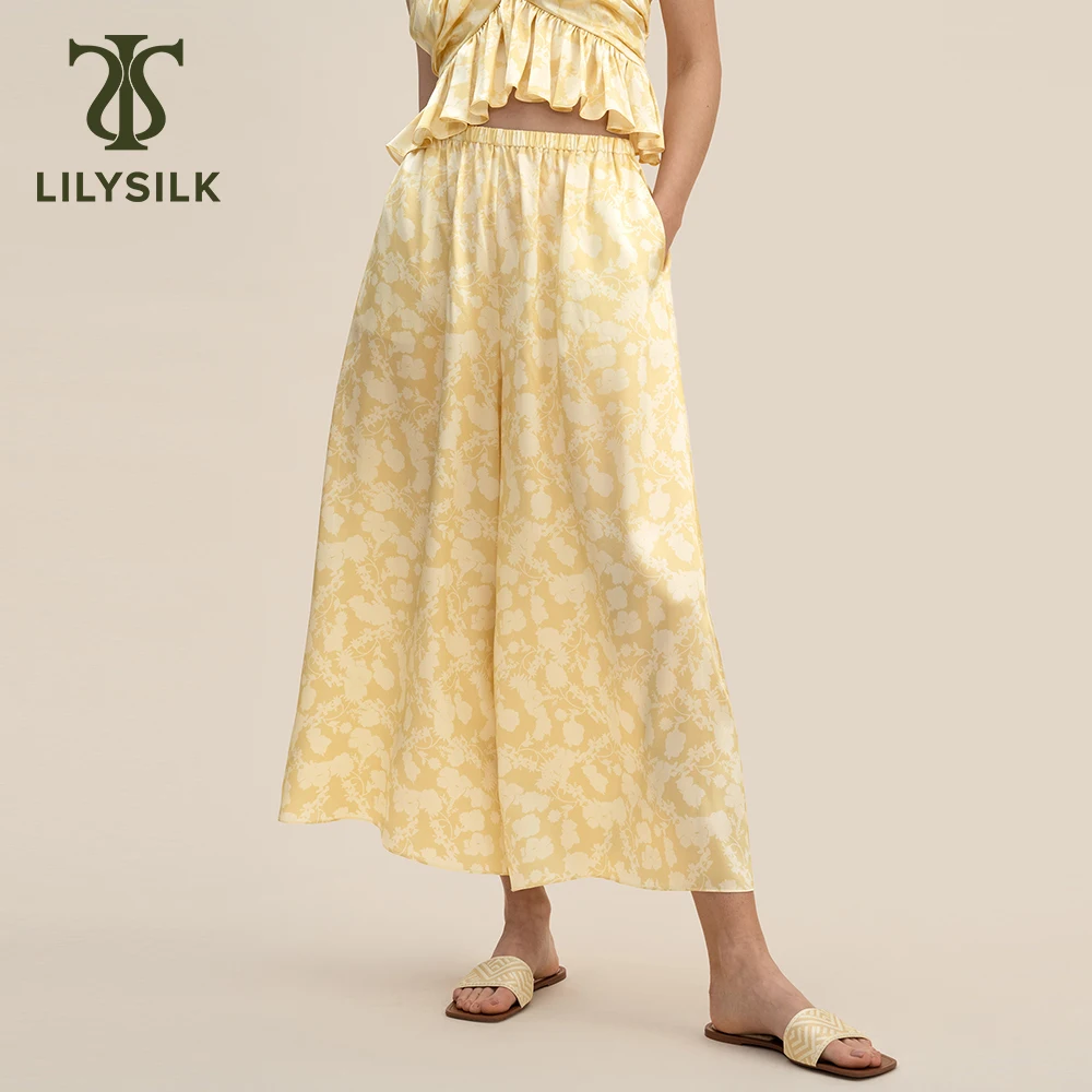 Lilysilk กางเกงขาบาน2023ผ้าไหมพิมพ์เงาสำหรับฤดูร้อนกางเกงผ้ายืดเอวเหนือขนาดกว้าง gratis ongkir สไตล์โบโฮ