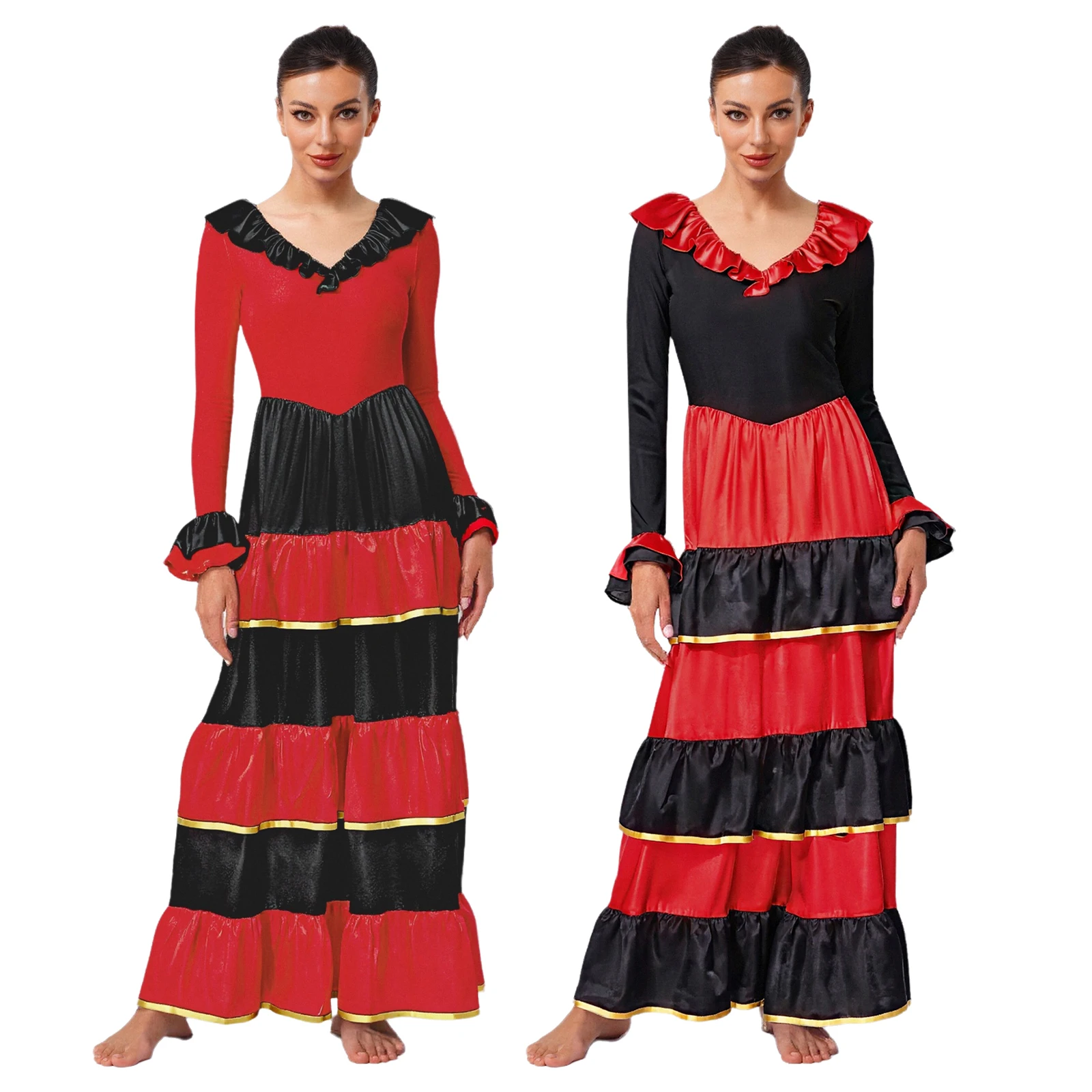 Women Long Sleeve Tiered Ruffled Big Swing Flamenco Dance Dress Spanish Paso Doble Ballroom Dancing Rumba Performance Dancewear