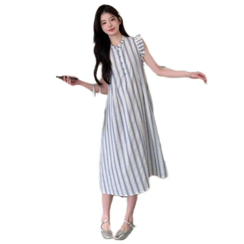 2025 ชุดคลุมท้องลายทาง - ชุดเดรสทรงเอแขนกระพือผ้าลินินระบายอากาศสําหรับหญิงตั้งครรภ์ชุดฤดูร้อนความยาวกลางอินเทรนด์