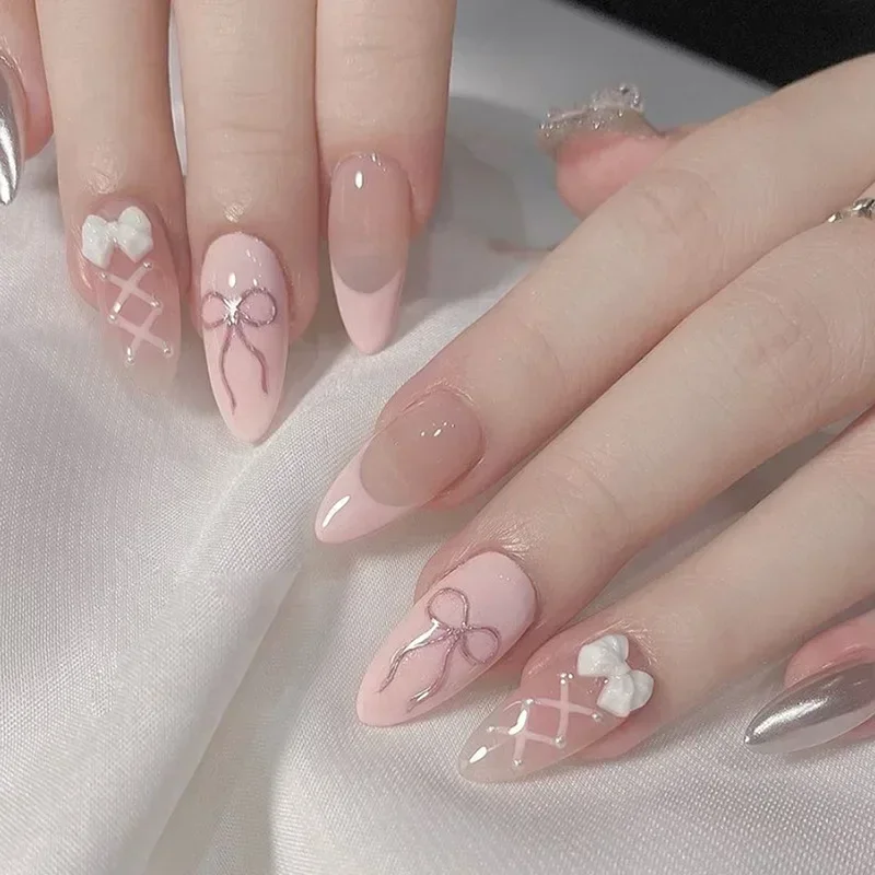 24Pcs Pink French Press on Nails Short Almond Fake Nails With 3D Bow Flower Pearl Design Ballet False Nails Full Cover Nail Tips