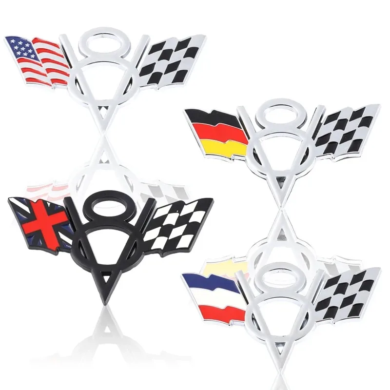 3D Metal Car Styling V8 Italy France Germany England America US UK Flag Badge Zinc Alloy Car Badge Body Fender Adhesive Emblem