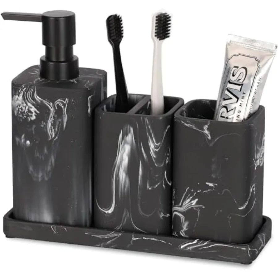 

Набор аксессуаров для ванной комнаты из 4 предметов с мраморным узором: дозатор для мыла, подставка для зубных щеток, стакан и мыльница для современной ванной
