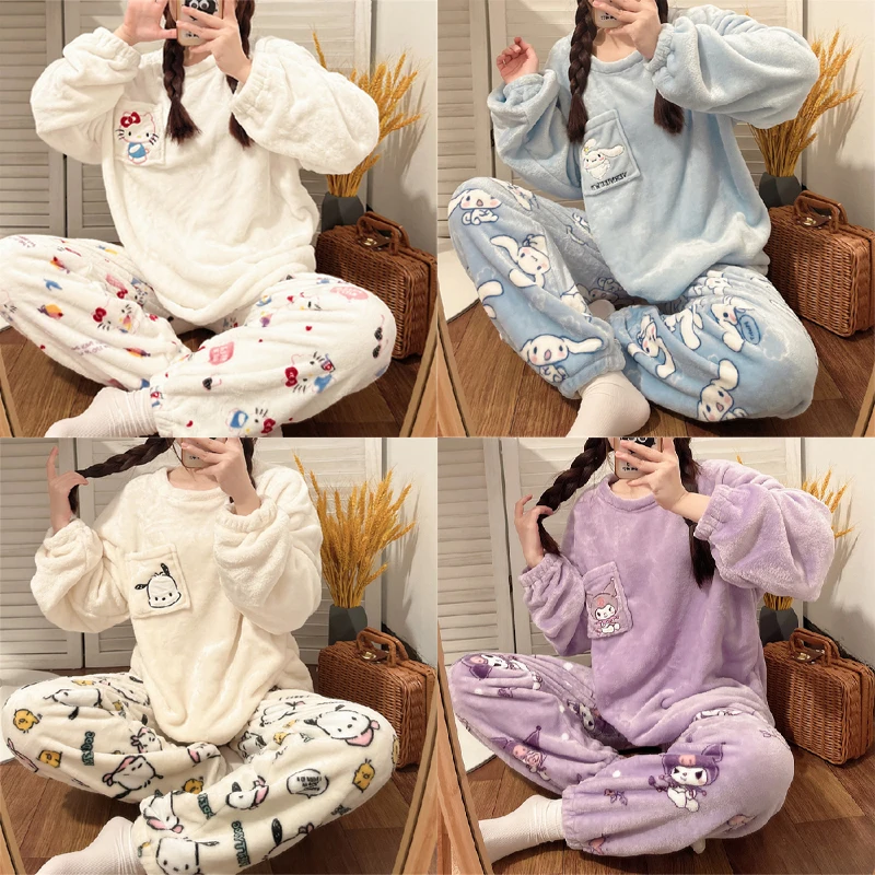 

2023 Fall/winter Hello Kitty New Coral Fleece Pajamas Women's Thick Warm Cute Sweet Flannel Ins Cozy Couple Homewear Pajamas