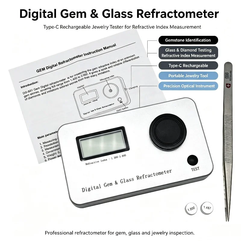 Digital Gem Glass Refractometer Type-c Rechargeable Jewelry Gemstone Identification Tool For Refractive Index Measurement