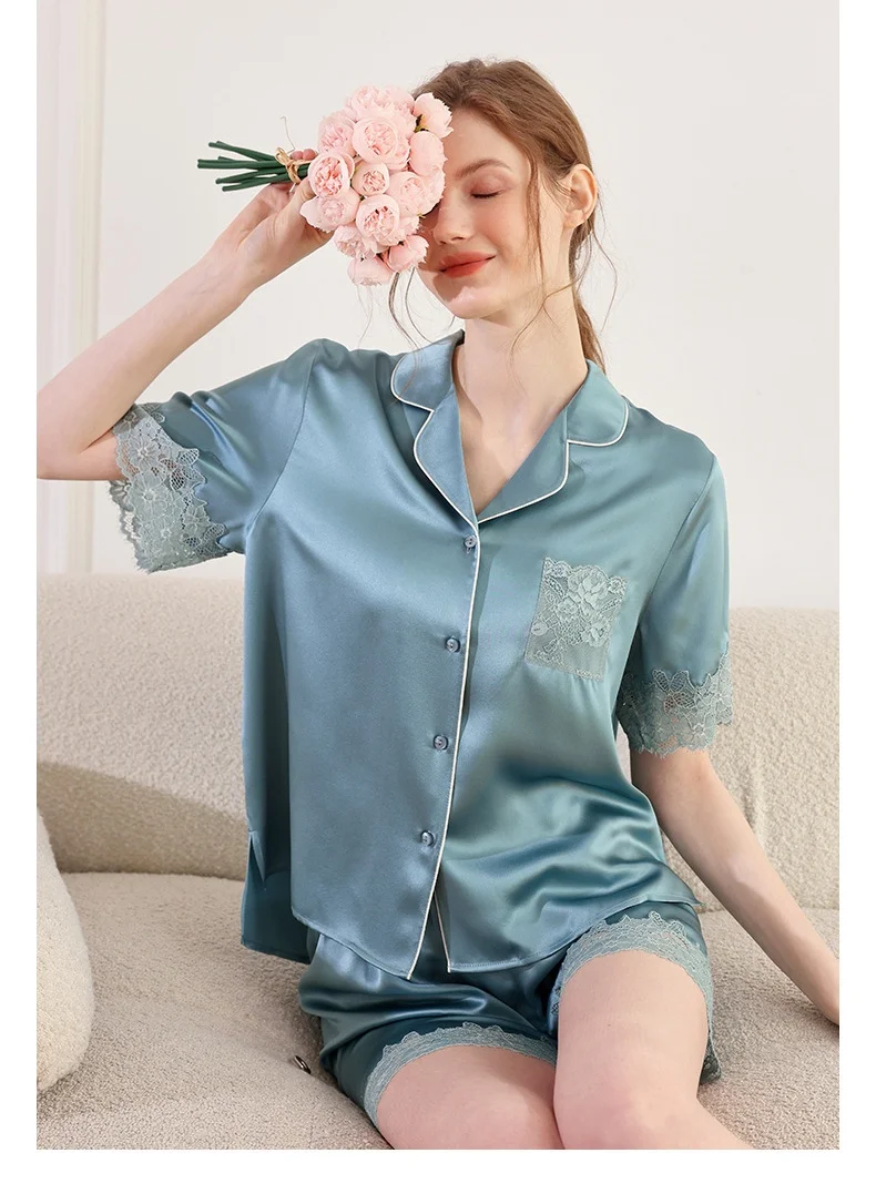 

Women Quality 100% Mulberry Silk Pajamas Suit Summer Lace Trim Short Sleeve Button Pajama Set Pure Silk 2Pcs Sleepwear Homewear